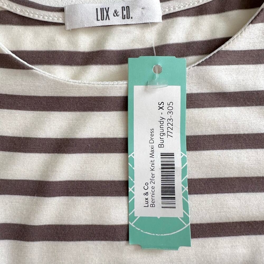 Lux & Co Bernice 2fer Knit Burgundy Tan Stripe Floral Pockets Maxi Dress XS NEW - Picture 3 of 13